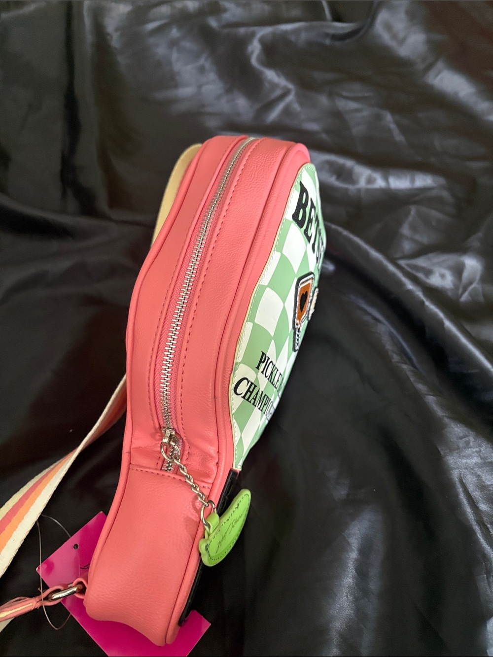 Betsey Johnson Pink & Green Pickleball Paddle Crossbody Bag with Striped Strap - Picture 8 of 8